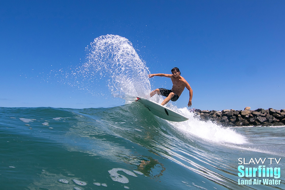 dusty hornback surfing beach break waves in san diego