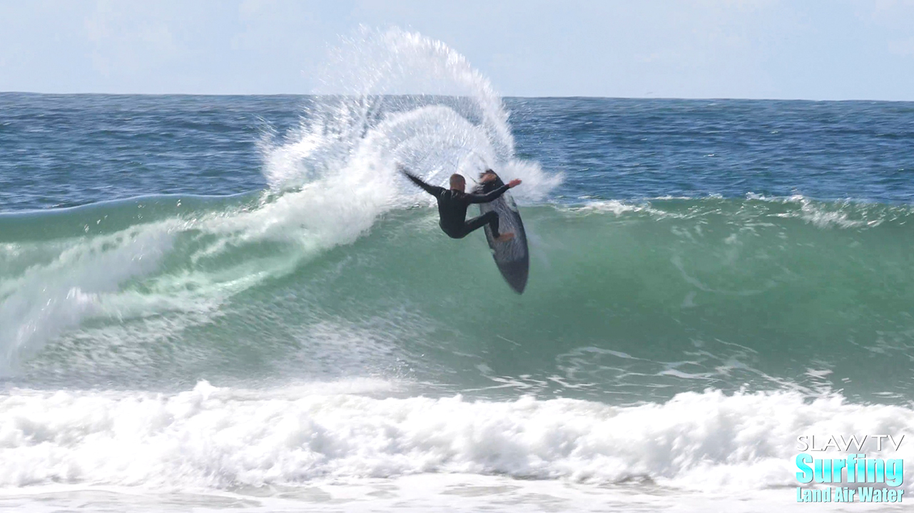 surfing at scripps pier in the morning in windy waves