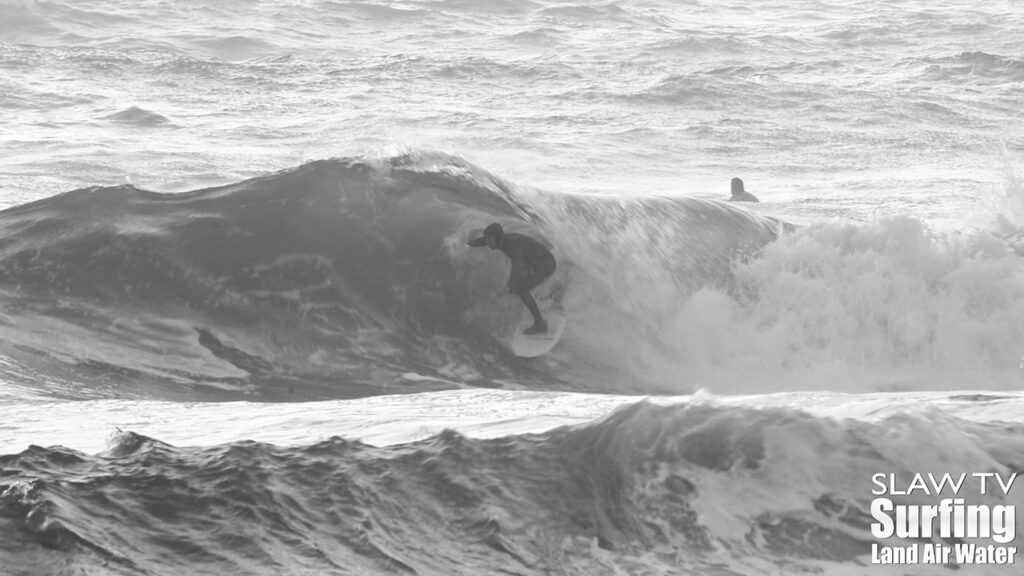 surfing a novelty sandbar on the california coastline with barreling waves