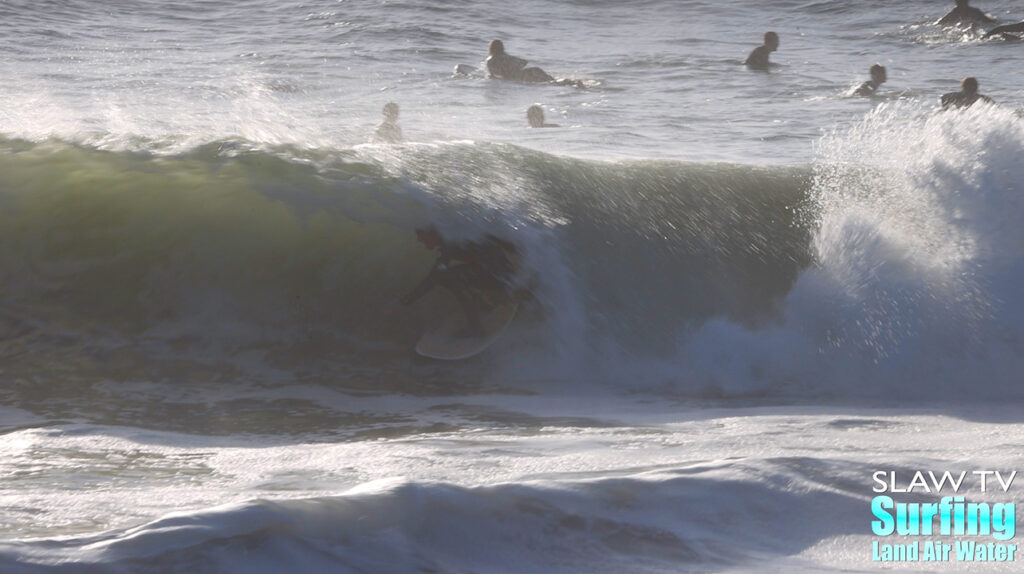 surfing california novelty barreling sandbar during winter storm